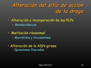 Alteración del sitio de acciónAlteración del sitio de acción
de la drogade la droga
• Alteración o incorporación de las PLPs
– Betalactámicos
• Metilación ribosomal
– Macrólidos y lincosaminas
• Alteración de la ADN girasa
- Quinolonas fluoradas
42Mgter GPE 2014
 