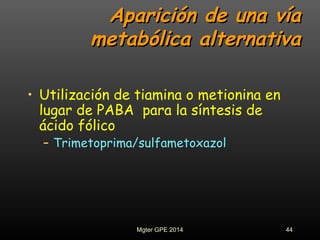 Aparición de una víaAparición de una vía
metabólica alternativametabólica alternativa
• Utilización de tiamina o metionina en
lugar de PABA para la síntesis de
ácido fólico
– Trimetoprima/sulfametoxazol
44Mgter GPE 2014
 