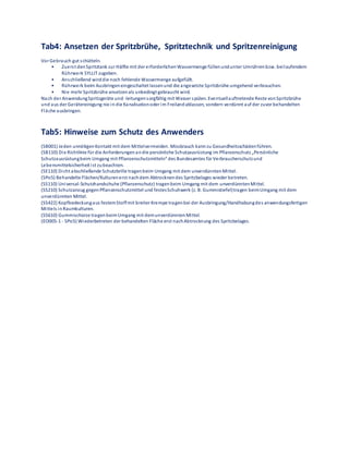 Tab4: Ansetzen der Spritzbrühe, Spritztechnik und Spritzenreinigung
Vor Gebrauch gut schütteln.
• Zuerst denSpritztank zur Hälfte mit der erforderlichenWassermenge füllenundunter Umrührenbzw. beilaufendem
Rührwerk SYLLIT zugeben.
• Anschließend wirddie noch fehlende Wassermenge aufgefüllt.
• Rührwerk beim Ausbringeneingeschaltet lassenund die angesetzte Spritzbrühe umgehend verbrauchen.
• Nie mehr Spritzbrühe ansetzenals unbedingt gebraucht wird.
Nach der AnwendungSpritzgeräte und -leitungensorgfältig mit Wasser spülen. Eventuellauftretende Reste vonSpritzbrühe
und aus der Gerätereinigung nie in die Kanalisationoder im Freilandablassen, sondern verdünnt auf der zuvor behandelten
Fläche ausbringen.
Tab5: Hinweise zum Schutz des Anwenders
(SB001) Jeden unnötigenKontakt mit dem Mittelvermeiden. Missbrauch kannzu Gesundheitsschädenführen.
(SB110) Die Richtlinie für die Anforderungenandie persönliche Schutzausrüstung im Pflanzenschutz „Persönliche
Schutzausrüstungbeim Umgang mit Pflanzenschutzmitteln“ des Bundesamtes für Verbraucherschutzund
Lebensmittelsicherheit ist zubeachten.
(SE110) Dicht abschließende Schutzbrille tragenbeim Umgang mit dem unverdünntenMittel.
(SPo5) Behandelte Flächen/Kulturenerst nachdem Abtrocknendes Spritzbelages wieder betreten.
(SS110) Universal-Schutzhandschuhe (Pflanzenschutz) tragenbeim Umgang mit dem unverdünntenMittel.
(SS210) Schutzanzug gegenPflanzenschutzmittel und festesSchuhwerk (z. B. Gummistiefel)tragen beimUmgang mit dem
unverdünnten Mittel.
(SS422) Kopfbedeckungaus festemStoffmit breiter Krempe tragenbei der Ausbringung/Handhabungdes anwendungsfertigen
Mittels inRaumkulturen.
(SS610) Gummischürze tragenbeimUmgang mit demunverdünntenMittel.
(EO005-1 - SPo5) Wiederbetreten der behandelten Fläche erst nachAbtrocknung des Spritzbelages.
 