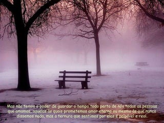 Mas não temos o poder de guardar o tempo todo perto de nós todas as pessoas
que amamos, aquelas às quais prometemos amor eterno ou mesmo às que nunca
     dissemos nada, mas a ternura que sentimos por elas é palpável e real.
 