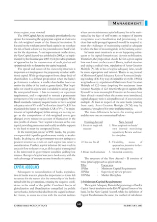 MANAGEMENT
                                                                                                  MANAGEMENT
visory regime, were mooted.                                         where certain minimum capital adequacy has to be main-
     The 1988 Capital Accord essentially provided only one          tained in the face of stiff norms in respect of income
option for measuring the appropriate capital in relation to         recognition, asset classification and provisioning. It is
the risk-weighted assets of the financial institution. It           clear that multi pronged approach would be required to
focused on the total amount of bank capital so as to reduce         meet the challenges of maintaining capital at adequate
the risk of bank solvency at the potential cost of bank’s fail-     levels in the face of mounting risks in the banking sector.
ure for the depositors. As an improvement on the above,                 In banks asset creation is an event happening subse-
the New Capital Accord was published in 2001, to be imple-          quent to the capital formation and deposit mobilization.
mented by the financial year 2003-04. It provides spectrum          Therefore, the preposition should be for a given capital
of approaches for the measurement of credit, market and             how much asset can be created? Hence, in ideal situation
operational risks to determine the capital required.                and taking a radical view, stipulation of Asset Creation
     The spread and nature of the ownership structure is            Multiple (ACM), in lieu of capital adequacy ratio, would
important as it impinges on the propensity to induct addi-          be more appropriate and rational. That is to say, instead
tional capital. While getting support from a large body of          of Minimum Capital Adequacy Ratio of 8 percent (imply-
shareholders is a difficult proposition when the bank’s             ing holding of Rs 8 by way of capital for every Rs 100 risk
performance is adverse, a smaller shareholder base con-             weighted assets), stipulation of Maximum Asset Creation
strains the ability of the bank to garner funds. Tier I capi-       Multiple of 12.5 times (implying for maximum Asset
tal is not owed to anyone and is available to cover possi-          Creation Multiple of 12.5 time for the given capital of Rs
ble unexpected losses. It has no maturity or repayment              8) would be more meaningful. However as the assets have
requirement, and is expected to remain a permanent                  been already created when the norms were introduced,
component of the core capital of the counter party. While           capital adequacy ratio is adopted instead of asset creation
Basel standards currently require banks to have a capital           multiple. At least in respect of the new banks (starting
adequacy ratio of 8% with Tier I not less than 4%, RBI has          from zero), Asset Creation Multiple (ACM) may be
mandated the banks to maintain CAR of 9%. The main-                 examined/thought of for strict implementation.
tenance of capital adequacy is like aiming at a moving tar-             The main differences between the existing accord
get as the composition of risk-weighted assets gets                 and the new one are summarized below:-
changed every minute on account of fluctuation in the
risk profile of a bank. Tier I capital is known as the core                Existing Accord               New Accord
capital providing permanent and readily available support           1. Focus on single risk    1. More emphasis on banks’
to the bank to meet the unexpected losses.                             measure                    own internal metodology
     In the recent past, owner of PSU banks, the govern-                                          supervisory Review and mar-
ment provided capital in good measure mainly to weaker                                            ket discipline.
banks. In doing so, the government was not acting as a
prudent investor as return on such capital was never a                  2. One size fits all   2. Flexibility,     menu      of
consideration. Further, capital infusion did not result in                                        approaches, incentive for bet-
any cash flow to the receiver, as all the capital was required                                    ter risk management.
to be reinvested in government securities yielding low              3. Broad brush structure   3. More risk sensitivity.
interest. Receipt of capital was just a book entry with the
only advantage of interest income from the securities.                  The structure of the New Accord – II consists of
                                                                    three pillars approach as given below.
                                                                    Pillar             Focus area
CAPITAL ADEQUACY                                                    I Pillar        - Minimum Capital Requirement
    Subsequent to nationalization of banks, capitaliza-             II Pillar       - Supervisory review process
tion in banks was not given due importance as it was felt           III Pillar      - Market Discipline
necessary for the reason that the ownership of the banks
rested with the government, creating the required confi-            i) Minimum Capital Requirement
dence in the mind of the public. Combined forces of                    The capital Adequacy Ratio is the percentage of bank’s
globalization and liberalization compelled the public               Capital Funds in relation to the Risk Weighted Assets of the
sector banks, hitherto shielded from the vagaries of mar-           bank. In the New Capital Accord, while the definition of
ket forces, to come to terms with the market realities              Capital Fund remains the same, the method of calculation


                                                                  849
CHARTERED ACCOUNTANT                                                                                         FEBRUARY 2003
 