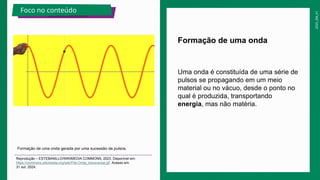 2025_EM_V1
Uma onda é constituída de uma série de
pulsos se propagando em um meio
material ou no vácuo, desde o ponto no
qual é produzida, transportando
energia, mas não matéria.
Formação de uma onda
Formação de uma onda gerada por uma sucessão de pulsos.
Reprodução – ESTEBANILLO/WIKIMEDIA COMMONS, 2023. Disponível em:
https://commons.wikimedia.org/wiki/File:Onda_transversal.gif. Acesso em:
31 out. 2024.
Foco no conteúdo
 