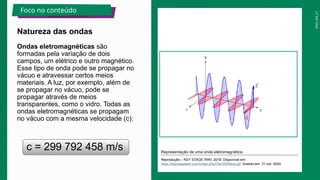 2025_EM_V1
Foco no conteúdo
Natureza das ondas
Ondas eletromagnéticas são
formadas pela variação de dois
campos, um elétrico e outro magnético.
Esse tipo de onda pode se propagar no
vácuo e atravessar certos meios
materiais. A luz, por exemplo, além de
se propagar no vácuo, pode se
propagar através de meios
transparentes, como o vidro. Todas as
ondas eletromagnéticas se propagam
no vácuo com a mesma velocidade (c):
Representação de uma onda eletromagnética.
Reprodução – KEY STAGE WIKI, 2018. Disponível em:
https://keystagewiki.com/index.php/File:EMWave.gif. Acesso em: 31 out. 2024.
c = 299 792 458 m/s
 