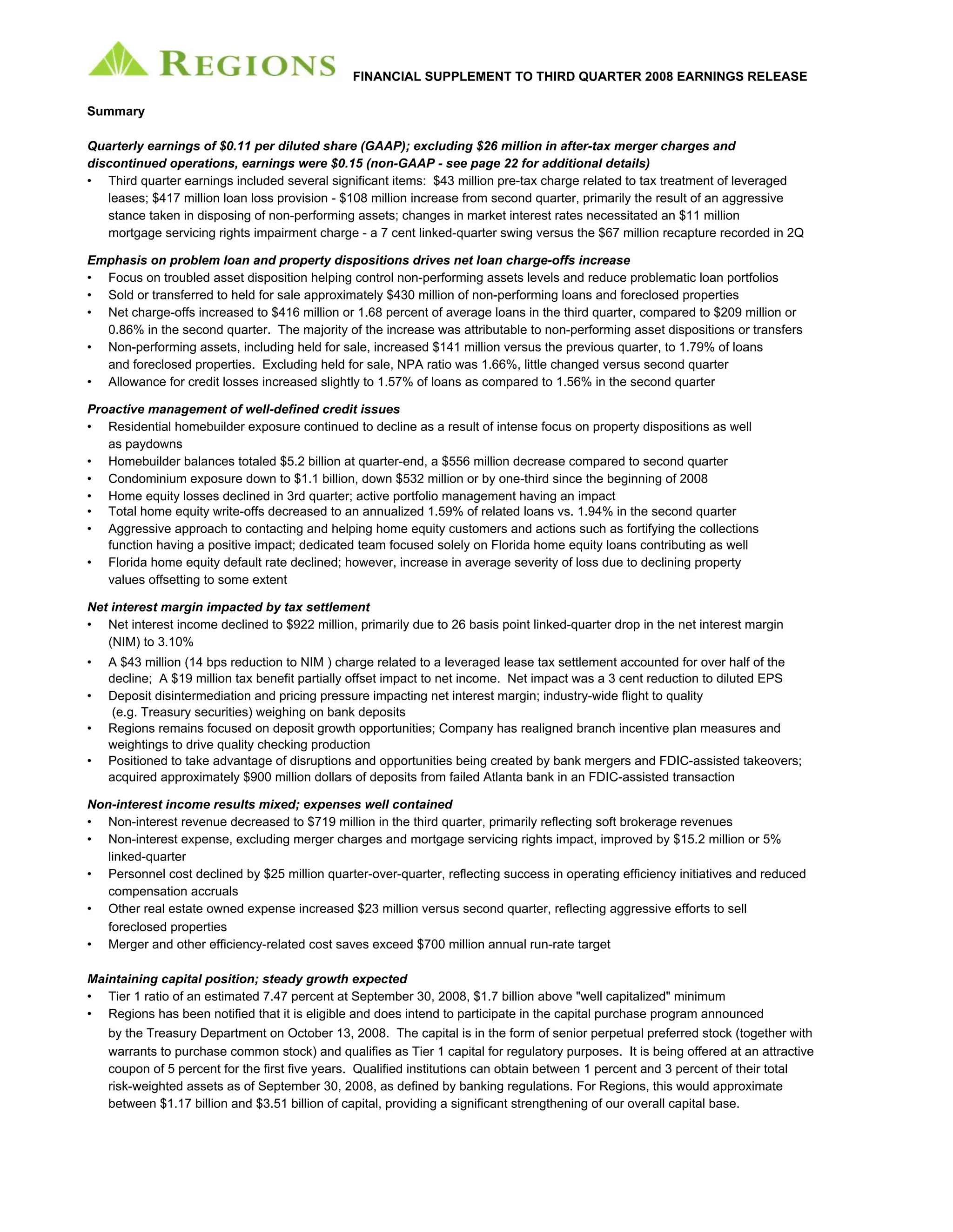 regions 3Q 08 SUPP 1