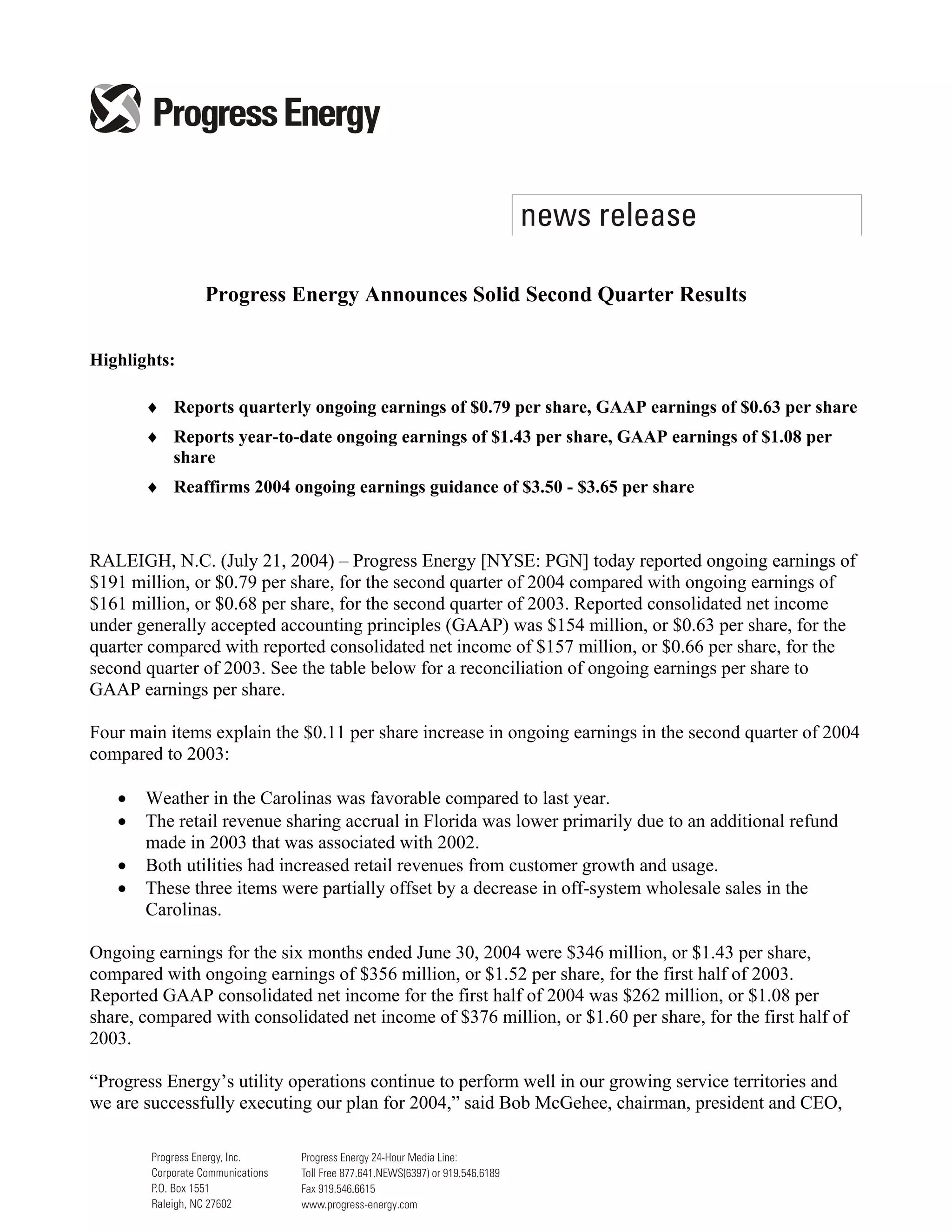 progress energy Q2 04 earnings release