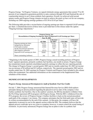progress energy Q2 04 earnings release