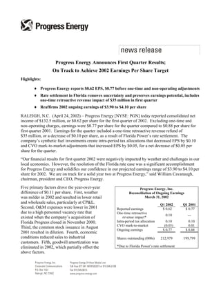 Progress Energy Announces First Quarter Results;
                  On Track to Achieve 2002 Earnings Per Share Target
Highlights:

       ¨ Progress Energy reports $0.62 EPS, $0.77 before one-time and non-operating adjustments
       ¨ Rate settlement in Florida removes uncertainty and preserves earnings potential, includes
         one-time retroactive revenue impact of $35 million in first quarter
       ¨ Reaffirms 2002 ongoing earnings of $3.90 to $4.10 per share

RALEIGH, N.C. (April 24, 2002) – Progress Energy [NYSE: PGN] today reported consolidated net
income of $132.5 million, or $0.62 per share for the first quarter of 2002. Excluding one-time and
non-operating charges, earnings were $0.77 per share for the quarter compared to $0.88 per share for
first quarter 2001. Earnings for the quarter included a one-time retroactive revenue refund of
$35 million, or a decrease of $0.10 per share, as a result of Florida Power’s rate settlement. The
company’s synthetic fuel investments create intra-period tax allocations that decreased EPS by $0.10
and CVO mark-to-market adjustments that increased EPS by $0.05, for a net decrease of $0.05 per
share for the quarter.
“Our financial results for first quarter 2002 were negatively impacted by weather and challenges in our
local economies. However, the resolution of the Florida rate case was a significant accomplishment
for Progress Energy and solidifies our confidence in our projected earnings range of $3.90 to $4.10 per
share for 2002. We are on track for a solid year two at Progress Energy,” said William Cavanaugh,
chairman, president and CEO, Progress Energy.
Five primary factors drove the year-over-year                        Progress Energy, Inc.
difference of $0.11 per share. First, weather                  Reconciliation of Ongoing Earnings
was milder in 2002 and resulted in lower retail                          March 31, 2002
and wholesale sales, particularly at CP&L.                                           Q1 2002     Q1 2001
Second, O&M expenses were lower in 2001                Reported earnings              $ 0.62      $ 0.77
due to a high personnel vacancy rate that              One-time retroactive
                                                                                       0.10          ---
existed when the company’s acquisition of                  revenue impact*
                                                       Intra-period tax allocation      0.10          0.10
Florida Progress closed in November 2000.
                                                       CVO mark-to-market              (0.05)         0.01
Third, the common stock issuance in August
                                                       Ongoing earnings               $ 0.77        $ 0.88
2001 resulted in dilution. Fourth, economic
conditions reduced sales to industrial                 Shares outstanding (000s)     212,979     199,799
customers. Fifth, goodwill amortization was
                                                       *Due to Florida Power’s rate settlement
eliminated in 2002, which partially offset the
above factors.
 