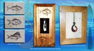 Lino prints on tapa cloth
Bone carving on kauri with vector graphic laser engraving
Red beach, paua, flax on recycled rimu frame
 