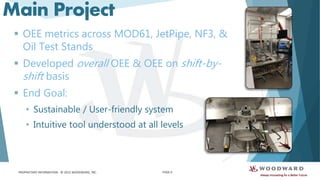 PROPRIETARY INFORMATION - © 2015 WOODWARD, INC.
Main Project
 OEE metrics across MOD61, JetPipe, NF3, &
Oil Test Stands
 Developed overall OEE & OEE on shift-by-
shift basis
 End Goal:
• Sustainable / User-friendly system
• Intuitive tool understood at all levels
PAGE 6
 