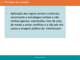 1. Princípio da cortesia

-

Aplicação das regras sociais e culturais,
recorrendo a estratégias verbais e não
verbais (gestos, expressões, tom de voz),
de modo a evitar conflitos e a não pôr em
causa a imagem pública do interlocutor.

© Edições ASA II, SA

 