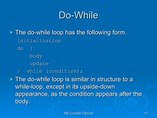 Do-While The do-while loop has the following form. initialization do  { body update }  while (condition); The do-while loop is similar in structure to a while-loop, except in its upside-down appearance, as the condition appears after the body. 
