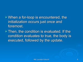When a for-loop is encountered, the initialization occurs just once and foremost.  Then, the condition is evaluated. If the condition evaluates to true, the body is executed, followed by the update.  
