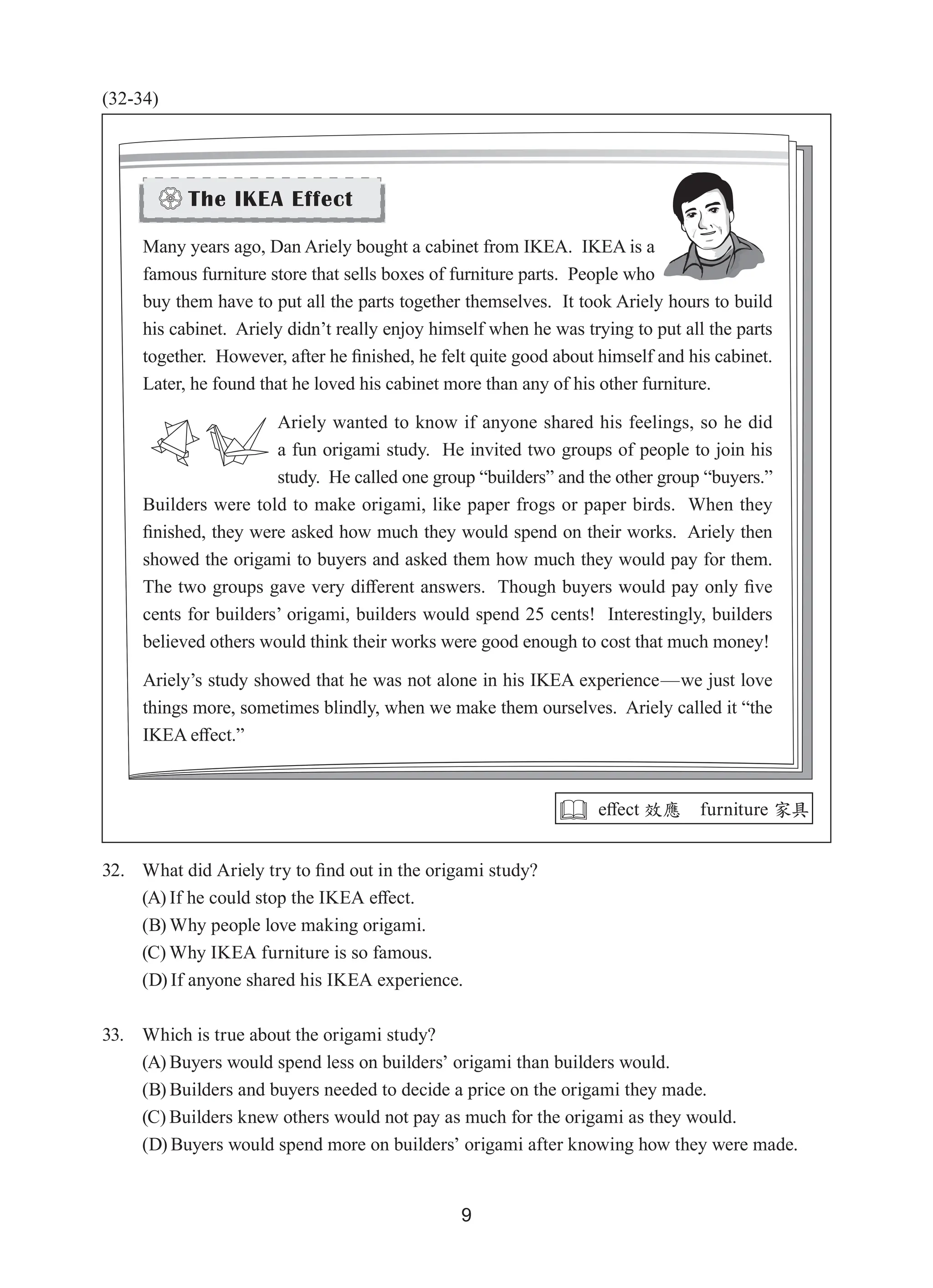 9
(32-34)
32. What did Ariely try to find out in the origami study?
(A) If he could stop the IKEA effect.
(B) Why people love making origami.
(C) Why IKEA furniture is so famous.
(D) If anyone shared his IKEA experience.
33. Which is true about the origami study?
(A) Buyers would spend less on builders’ origami than builders would.
(B) Builders and buyers needed to decide a price on the origami they made.
(C) Builders knew others would not pay as much for the origami as they would.
(D) Buyers would spend more on builders’ origami after knowing how they were made.
Many years ago, Dan Ariely bought a cabinet from IKEA.  IKEA is a
famous furniture store that sells boxes of furniture parts.  People who
buy them have to put all the parts together themselves.  It took Ariely hours to build
his cabinet.  Ariely didn’t really enjoy himself when he was trying to put all the parts
together.  However, after he finished, he felt quite good about himself and his cabinet.  
Later, he found that he loved his cabinet more than any of his other furniture.  
Ariely wanted to know if anyone shared his feelings, so he did
a fun origami study.  He invited two groups of people to join his
study.  He called one group “builders” and the other group “buyers.”  
Builders were told to make origami, like paper frogs or paper birds.  When they
finished, they were asked how much they would spend on their works.  Ariely then
showed the origami to buyers and asked them how much they would pay for them.  
The two groups gave very different answers.  Though buyers would pay only five
cents for builders’ origami, builders would spend 25 cents!  Interestingly, builders
believed others would think their works were good enough to cost that much money!
Ariely’s study showed that he was not alone in his IKEA experience—we just love
things more, sometimes blindly, when we make them ourselves.  Ariely called it “the
IKEA effect.”
 effect 效應 furniture 家具
 