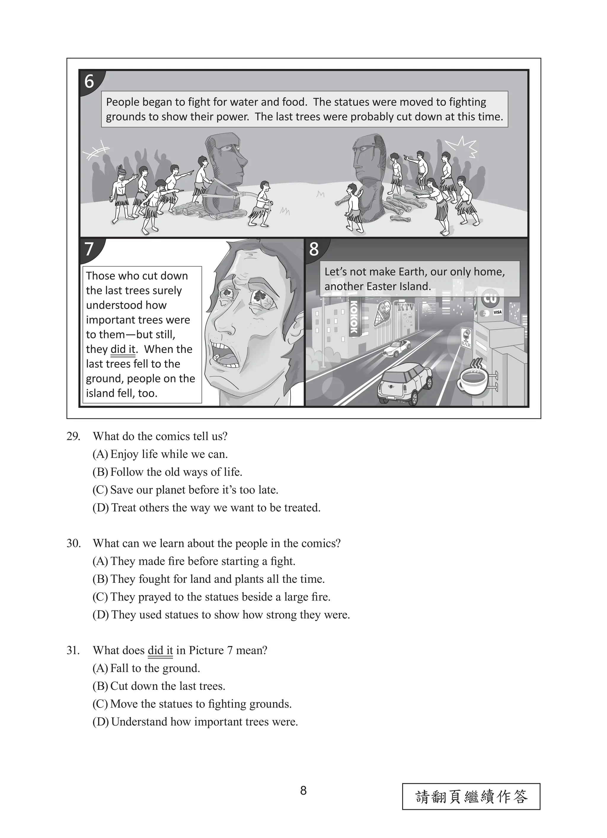8
請翻頁繼續作答
29. What do the comics tell us?
(A) Enjoy life while we can.
(B) Follow the old ways of life.
(C) Save our planet before it’s too late.
(D) Treat others the way we want to be treated.
30. What can we learn about the people in the comics?
(A) They made fire before starting a fight.
(B) They fought for land and plants all the time.
(C) They prayed to the statues beside a large fire.
(D) They used statues to show how strong they were.
31. What does did it in Picture 7 mean?
(A) Fall to the ground.
(B) Cut down the last trees.
(C) Move the statues to fighting grounds.
(D) Understand how important trees were.
People began to fight for water and food. The statues were moved to fighting
grounds to show their power. The last trees were probably cut down at this time.
Those who cut down
the last trees surely
understood how
important trees were
to them—but still,
they did it. When the
last trees fell to the
ground, people on the
island fell, too.
Let’s not make Earth, our only home,
another Easter Island.
 