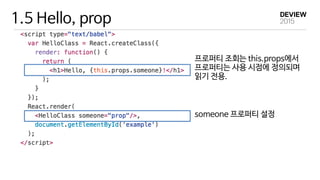 1.5 Hello, prop
프로퍼티 조회는 this.props에서 
프로퍼티는 사용 시점에 정의되며 
읽기 전용.
someone 프로퍼티 설정
 