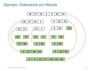 Ejemplo: Ordenación por Mezcla
38

38

43

3

43

27
27

38
27

43

27

38

27

3

43

38

10

82

38

10

82

9
27

10

82

9

43

9

10

82

9

3

27

82

9

3

3
Programación, UH 2013-2014

9
9

43

38
3

3

10

43

82

82
19

 