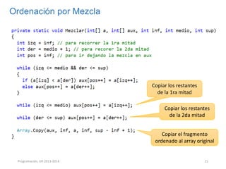 Ordenación por Mezcla

Copiar los restantes
de la 1ra mitad
Copiar los restantes
de la 2da mitad
Copiar el fragmento
ordenado al array original

Programación, UH 2013-2014

21

 