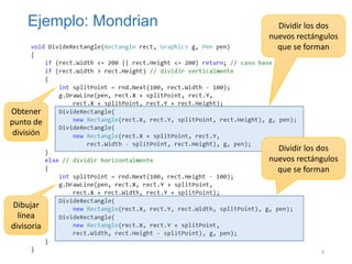 Ejemplo: Mondrian

Dividir los dos
nuevos rectángulos
que se forman

Obtener
punto de
división
Dividir los dos
nuevos rectángulos
que se forman

Dibujar
línea
divisoria
Programación, UH 2013-2014

9

 