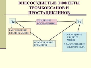 ВНЕСОСУДИСТЫЕ ЭФФЕКТЫ ТРОМБОКСАНОВ И ПРОСТАЦИКЛИНОВ Пс Тх УСИЛЕНИЕ ВОСПАЛЕНИЯ РАССЛАБЛЕНИЕ ГЛАДКИХ МЫШЦ 1. СОКРАЩЕНИЕ ГЛАДКИХ МЫШЦ 2. РАССАСЫВАНИЕ ЖЁЛТОГО ТЕЛА ОСВОБОЖДЕНИЕ ГОРМОНОВ 