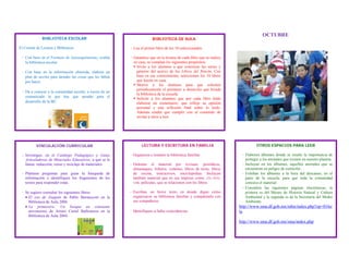 OCTUBRE
              BIBLIOTECA ESCOLAR                                        BIBLIOTECA DE AULA

El Comité de Lectura y Biblioteca:                        - Lea el primer libro de los 10 seleccionados.

 ‐ Con base en el Formato de Autoseguimiento, evalúa      - Garantice que en la lectura de cada libro que se realice
   la biblioteca escolar.                                   en casa, se cumplan los siguientes propósitos:
                                                             Invite a los alumnos a que conozcan las series y
 ‐ Con base en la información obtenida, elabora un            géneros del acervo de los Libros del Rincón. Con
   plan de acción para atender las cosas que les faltan       base en ese conocimiento, seleccionen los 10 libros
   por hacer.                                                 que leerán en casa.
                                                             Motive a los alumnos para que soliciten
                                                              periódicamente el préstamo a domicilio que brinda
 ‐ Da a conocer a la comunidad escolar, a través de un
                                                              la biblioteca de la escuela.
   comunicado lo que hay que atender para el                 Solicite a los alumnos que por cada libro leído
   desarrollo de la BE.                                       elaboren un comentario; que refleje su opinión
                                                              personal y una reflexión final sobre lo leído.
                                                              Además tendrá que cumplir con el cometido de
                                                              invitar a otros a leer.




          VINCULACIÓN CURRICULAR                                 LECTURA Y ESCRITURA EN FAMILIA                                 OTROS ESPACIOS PARA LEER

 ‐ Investigue, en el Catálogo Pedagógico y Guías          - Organicen e instalen la biblioteca familiar.                - Elaboren álbumes donde se resalte la importancia de
   Articuladoras de Materiales Educativos, a qué se le                                                                    proteger a los animales que existen en nuestro planeta.
   llama: reducción, reúso y reciclaje de materiales.     - Ordenen el material por revistas, periódicos,               - Incluyan en los álbumes, aquellos animales que se
                                                            almanaques, folletos, volantes, libros de texto, libros       encuentran en peligro de extinción.
 ‐ Planteen preguntas para guiar la búsqueda de             de cocina, instructivos, enciclopedias. Incluyan            - Exhiban los álbumes a la hora del descanso, en el
   información e identifiquen los fragmentos de los         también material que no sea impreso como: CD, DVD,            patio de la escuela, para que toda la comunidad
   textos para responder estás.                             USB, películas, que se relacionen con los libros.             conozca el material.
                                                                                                                        - Consulten las siguientes páginas electrónicas, la
 ‐ Se sugiere consultar los siguientes libros:            - Escriban un breve texto en donde digan cómo                   primera es del Museo de Historia Natural y Cultura
    El zoo de Joaquín de Pablo Bernasconi en la            organizaron su biblioteca familiar y compártanla con          Ambiental y la segunda es de la Secretaría del Medio
     Biblioteca de Aula 2006.                               sus compañeros.                                               Ambiente.
    La primavera: Un bosque en constante                                                                              http://www.sma.df.gob.mx/mhn/index.php?op=01ho
     movimiento de Arturo Curiel Ballesteros en la        - Identifiquen si hubo coincidencias                         la
     Biblioteca de Aula 2004.
                                                                                                                       http://www.sma.df.gob.mx/sma/index.php
 