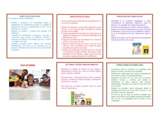 BIBLIOTECA ESCOLAR                                           BIBLIOTECA DE AULA                                             VINCULACIÓN CURRICULAR
El Comité de Lectura y Biblioteca:
                                                             ‐ Invite a que diversas personas de la comunidad lean en        -    Investigue en el Catálogo Pedagógico y Guías
 - Elabora y presenta a la comunidad escolar el                voz alta a los alumnos.                                            Articuladoras de Materiales Educativos sobre La
   Reglamento de la Biblioteca Escolar. Lo redacta en                                                                             función y los cuidados del Aparato Respiratorio.
   términos de lo que sí se puede hacer en ella: “En la      ‐ Realice las siguientes acciones para garantizar que la        -    Promueva la búsqueda en revistas e internet también.
   Biblioteca si se puede…”                                    Lectura en Voz Alta que haga el invitado en el salón          -    Busque en la Guía de Materiales de Ciencias Naturales
 - Propone un nombre y eslogan que distinga a la               de clase sea de calidad:                                           de Primaria, en los acervos de la biblioteca escolar y
   biblioteca.                                                  Oriente previamente al invitado en la selección de su            en la de la biblioteca de aula, información sobre el
 - Consulta los documentos Estrategias, Acciones y               material de lectura que se encuentra disponible en la            tema.
   Conexiones para animar la Biblioteca Escolar y                Biblioteca de Aula.                                         -    Elaboren un tríptico con la información encontrada del
   Alebrijes de Primaria. Actividades para leer, escribir       Sugiera al invitado que previamente lea y ensaye la              tema para circular en la escuela.
   y dialogar en el aula.                                        Lectura, varias veces en casa.
 - Establece acuerdos para mejorar los servicios                Apoye al invitado para que inicie su Lectura en el
   bibliotecarios con base en las opiniones de los               salón de clase; diciéndole que lo haga sin prisa,
   usuarios, obtenidos de la aplicación de un cuestionario       tomándose su tiempo como lector.
   de opinión.                                                  Solicite al invitado que al final de la lectura, les diga
                                                                 a los alumnos los datos del libro, tales como: autor,
                                                                 ilustrador, año de edición, ciudad y país; para que
                                                                 los alumnos puedan localizarlo en la biblioteca.




               NOVIEMBRE                                            LECTURA Y ESCRITURA EN FAMILIA                                        OTROS ESPACIOS PARA LEER

                                                             - Registren sus estados de ánimos en una semana e                   - Investiguen sobre la existencia de corredores para
                                                               identifiquen el motivo por el que se sintieron alegres,             andar en triciclo y bicicleta en su localidad.
                                                               tristes, enojados, cansados.                                      - Elaboren un croquis para dar a conocer la localización
                                                                                                                                   del corredor a toda la comunidad educativa.
                                                             - Busquen libros e información que los lleve a entender             - Organicen un Paseo en Trici- Bici, por el corredor.
                                                               por qué se cambia de estados de ánimo, sentimientos,                Elaboren carteles y volantes que resalten la
                                                               emociones y vivencias.                                              importancia de hacer ejercicio para prevenir
                                                                                                                                   enfermedades. Repartan este material el día del Paseo
                                                             - Por medio de un dibujo expresen cómo les gusta                      en Trici-Bici.
                                                               sentirse regularmente.                                            - Diseñen un periódico mural ambulante donde se
                                                                                                                                   expongan qué otros usos se les dan al triciclo y a la
                                                                                                                                   bicicleta en nuestra comunidad.
                                                                                                                                 - En caso de que no haya un corredor asignado para
                                                                                                                                   andar en bicicleta en la localidad, propongan inaugurar
                                                                                                                                   uno, ya sea a los alrededores de la escuela y de la
                                                                                                                                   comunidad.
 