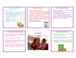 BIBLIOTECA ESCOLAR                                          BIBLIOTECA DE AULA                                      VINCULACIÓN CURRICULAR

El Comité de Lectura y Biblioteca:                           - Elabore un plan para leer en vacaciones                    - Identifiquen los problemas de contaminación que
                                                             - Establezca criterios para seleccionar los libros que se      existen en la comunidad
 - Define las medidas que se pondrán en práctica para          leerán en voz alta, éstos tienen que motivar y apoyar      - Identifiquen las soluciones, destacando la importancia
   promover que padres de familia, alumnos y docentes          los propósitos y la formación de hábitos lectores; así       del cuidado del medio ambiente.
   usen a la biblioteca de manera permanente. Así:             como ofrecerles orientaciones que les permitan a los       - Busque información en la biblioteca escolar y de aula
    Realiza en la escuela la señalización que conduzca al     alumnos seleccionar sus propias lecturas.                    así como en Internet para plantear las soluciones.
     usuario a la biblioteca escolar.                        - Revise la clasificación de la colección Libros del         - Elabore un escrito en donde se planteen los problemas
    A través de carteles, da a conocer el horario de la       Rincón y la información de los diferentes Catálogos de       detectados, así como las soluciones encontradas y
     biblioteca.                                               Selección de las bibliotecas escolares y de aula, que se     circúlelo en la escuela y la comunidad.
    Promueve las actividades que realizan las                 pueden consultar en la página electrónica del
     comisiones del Comité.                                    Programa Nacional de Lectura:
    Difunde los servicios que ofrece la biblioteca a los      http://www.lectura.dgme.sep.gob.mx
     usuarios.




                                  


         LECTURA Y ESCRITURA EN FAMILIA                                                                                           OTROS ESPACIOS PARA LEER
                                                                              DICIEMBRE
 - Escriban una historia que narre cómo celebra nuestra                                                                   - Convoquen a un concurso de Comics, donde el tema
   familia las fiestas decembrinas, la ilustramos con                                                                       central sea la Bulimia y la Anorexia.
   fotos, recuerdos y dibujos.
                                                                                                                          - El jurado calificador estará formado por alumnos de
 - La compartimos en familia y en la escuela.                                                                               otra primaria de la misma zona escolar.

 - Identificamos las coincidencias en clase entre todos                                                                   - La ganadora o ganador podrá solicitar el préstamo a
   hacemos un texto que describa cómo festejan la                                                                           domicilio, por un mes, los libros de la categoría de
   navidad las familias mexicanas.                                                                                          Cuentos de misterio y terror de la Biblioteca Escolar.

 - En vacaciones armamos el árbol genealógico de la
   familia, para aprender a identificar a todos los
   miembros y lo compartimos en una reunión familiar.
 