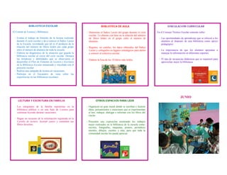 BIBLIOTECA ESCOLAR                                           BIBLIOTECA DE AULA                                       VINCULACIÓN CURRICULAR

El Comité de Lectura y Biblioteca:                            - Determine el Índice Lector del grupo durante el ciclo       En el Consejo Técnico Escolar comente sobre:
                                                                escolar. Lo obtiene con base en la relación del número
 - Evalúa el trabajo de fomento de la lectura realizado         de libros leídos en el grupo entre el número de              ‐ Las oportunidades de aprendizaje que se ofrecen a los
   durante el ciclo escolar y da a conocer el Índice Lector     alumnos.                                                       alumnos al disponer de una biblioteca como apoyo
   de la Escuela, recordando que tal es el producto de la                                                                      pedagógico.
   relación del número de libros leídos por cada grupo        - Registre, en carteles, los datos obtenidos del Índice
   entre el número de alumnos de toda la escuela.               Lector y colóquelos en lugares estratégicos para darlos      ‐ La importancia de que los alumnos aprendan a
 - Elabora un diagnóstico de la situación que guarda la         a conocer al colectivo escolar.                                manejar la información en diferentes soportes.
   biblioteca escolar al cierre del ciclo escolar. Destaca
   las fortalezas y debilidades que se observaron al          - Elabore la lista de los 10 libros más leídos.                ‐ El tipo de secuencias didácticas que se requieren para
   desarrollar el Plan de Fomento de Lectura y Escritura                                                                       aprovechar mejor la biblioteca.
   de la Biblioteca Escolar enmarcado y vinculado con el
   proyecto escolar.
 - Realiza una campaña de lectura en vacaciones.
 - Participa en el Encuentro de zona sobre las
   experiencias en las bibliotecas escolares.




                                                                                                                                                 JUNIO
     LECTURA Y ESCRITURA EN FAMILIA                                    OTROS ESPACIOS PARA LEER

  ‐ Los integrantes de la familia regístrense en la           - Organicen un gran mural donde se escriban e ilustren
    biblioteca pública o en una Sala de Lectura para            ideas, pensamientos y emociones que se experimentan
    continuar leyendo durante vacaciones.                       al leer, trabajar, dialogar e informar con los libros del
                                                                rincón.
  ‐ Hagan un recuento de la información registrada en la
    Cartilla de lectura: leyendo juntos y comenten sus        - Presenten una exposición mostrando los trabajos
    libros favoritos.                                           mejor realizados en la biblioteca de la escuela como:
                                                                escritos, fotografías, maquetas, posters, periódicos
                                                                murales, dibujos, cuentos y más, para que toda la
                                                                comunidad escolar los pueda apreciar.




                                                                                        “
 