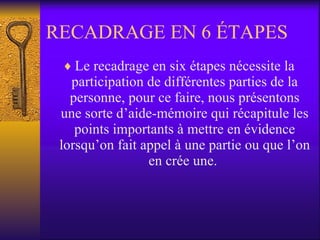 RECADRAGE EN 6 ÉTAPES Le recadrage en six étapes nécessite la participation de différentes parties de la personne, pour ce faire, nous présentons une sorte d’aide-mémoire qui récapitule les points importants à mettre en évidence lorsqu’on fait appel à une partie ou que l’on en crée une.  