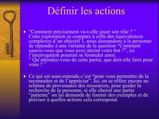 Définir les actions “ Comment précisément va-t-elle jouer son rôle ? ” Cette exploration se compare à celle des équivalences complexes d’un objectif 1, nous demandons à la personne de répondre à une variante de la question “Comment saurez-vous que vous avez atteint votre but ?”, ici l’interrogation pourrait se formuler ainsi: “ Qu’attendez-vous de cette partie, que doit-elle faire pour vous ? ” Ce qui est sous-entendu c’est “pour vous permettre de la reconnaître et de l’apprécier”. Ici, on se réfère encore au schéma de provenance des ressources, pour guider la recherche de la personne, si elle choisit une partie “patiente” on lui demande de fournir des exemples et de préciser à quelles actions cela correspond.  