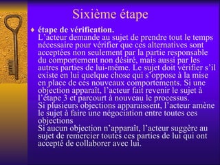 Sixième étape étape de vérification. L’acteur demande au sujet de prendre tout le temps nécessaire pour vérifier que ces alternatives sont acceptées non seulement par la partie responsable du comportement non désiré, mais aussi par les autres parties de lui-même. Le sujet doit vérifier s’il existe en lui quelque chose qui s’oppose à la mise en place de ces nouveaux comportements. Si une objection apparaît, l’acteur fait revenir le sujet à l’étape 3 et parcourt à nouveau le processus.  Si plusieurs objections apparaissent, l’acteur amène le sujet à faire une négociation entre toutes ces objections Si aucun objection n’apparaît, l’acteur suggère au sujet de remercier toutes ces parties de lui qui ont accepté de collaborer avec lui.  