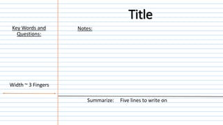 Notes:
Summarize: Five lines to write on
Width ~ 3 Fingers
Key Words and
Questions:
Title
 