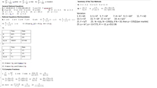 Variation
1. R = kD 3. S = kT 5. T = kP 7. A = kr2 9. C = kD3 11. T = kD
13. S = kT 15. T = kP 17. A = kr2 19. m = k/s2
21. F = k/T 23. N = k/p, N = 1350/p, if N = 10, then p = 135($/per marble)
25. p = kr2, p = 11r2/72, if r = 12, p ≈$12.38.
Variation