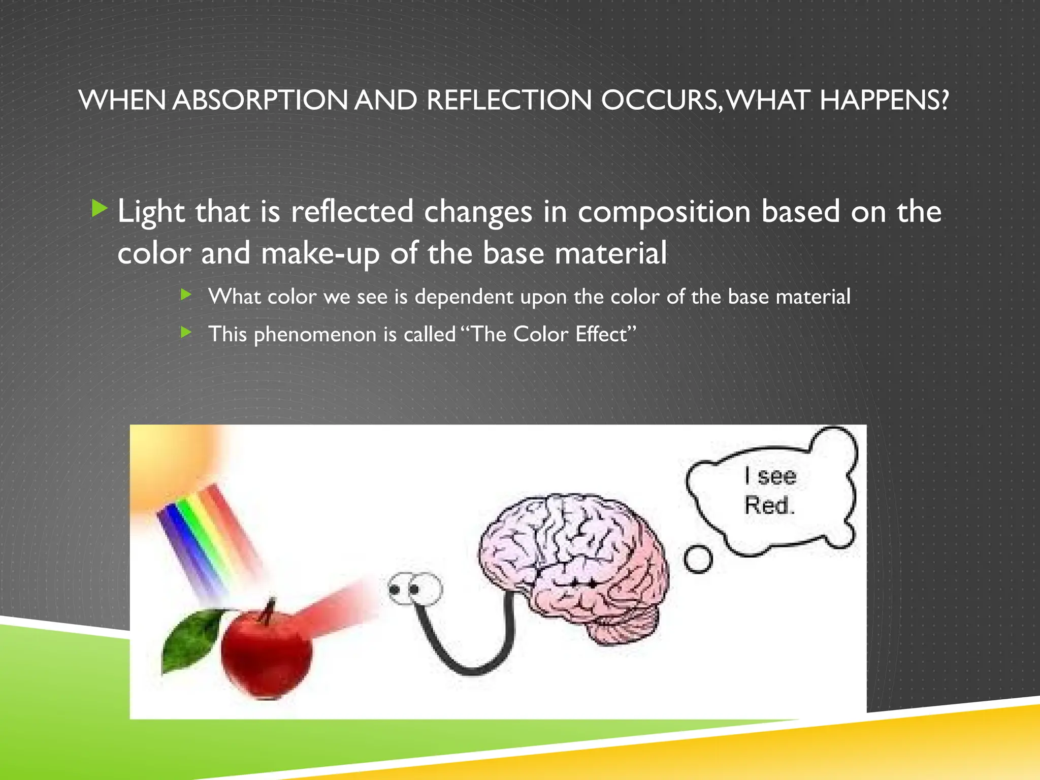WHEN ABSORPTION AND REFLECTION OCCURS,WHAT HAPPENS?
 Light that is reflected changes in composition based on the
color and make-up of the base material
 What color we see is dependent upon the color of the base material
 This phenomenon is called “The Color Effect”
 