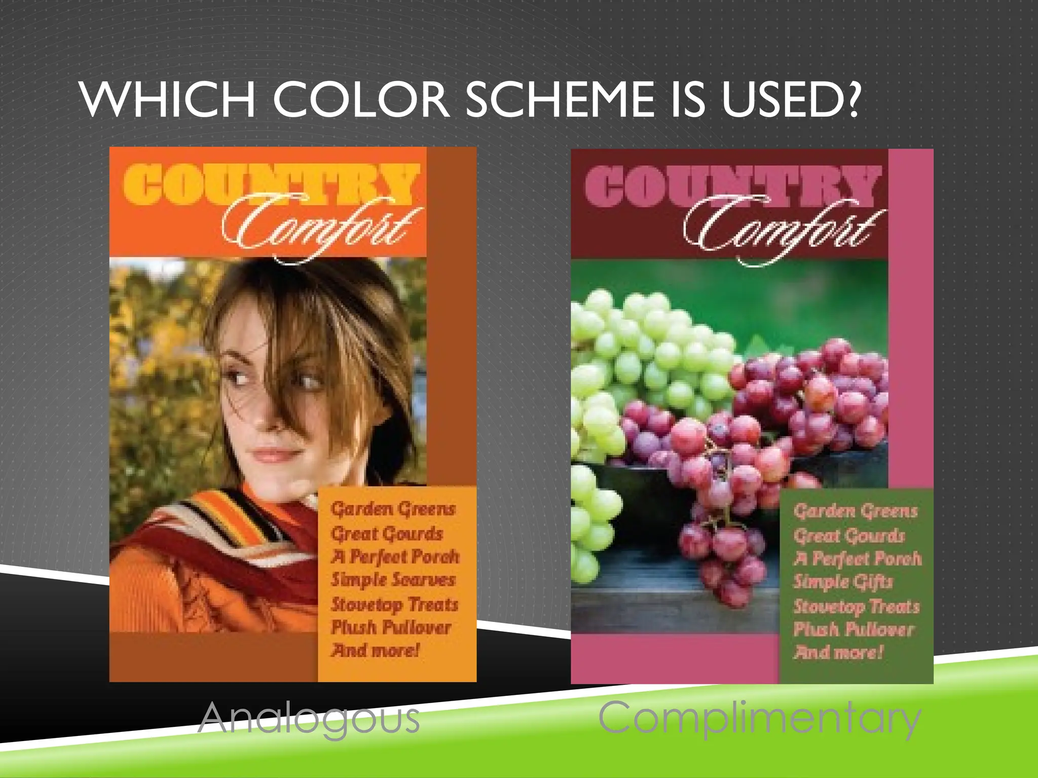 WHICH COLOR SCHEME IS USED?
Analogous Complimentary
 