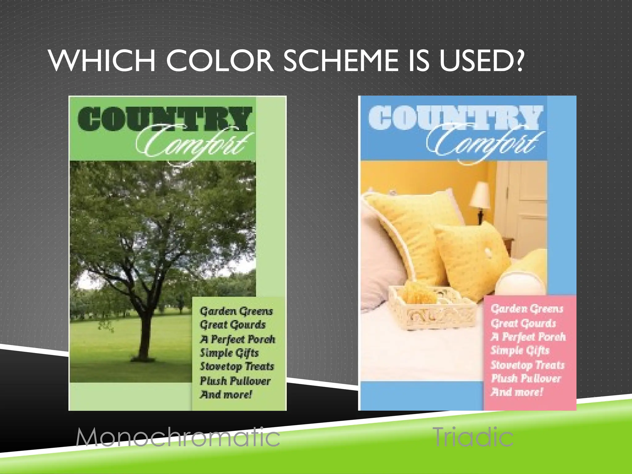 WHICH COLOR SCHEME IS USED?
Monochromatic Triadic
 