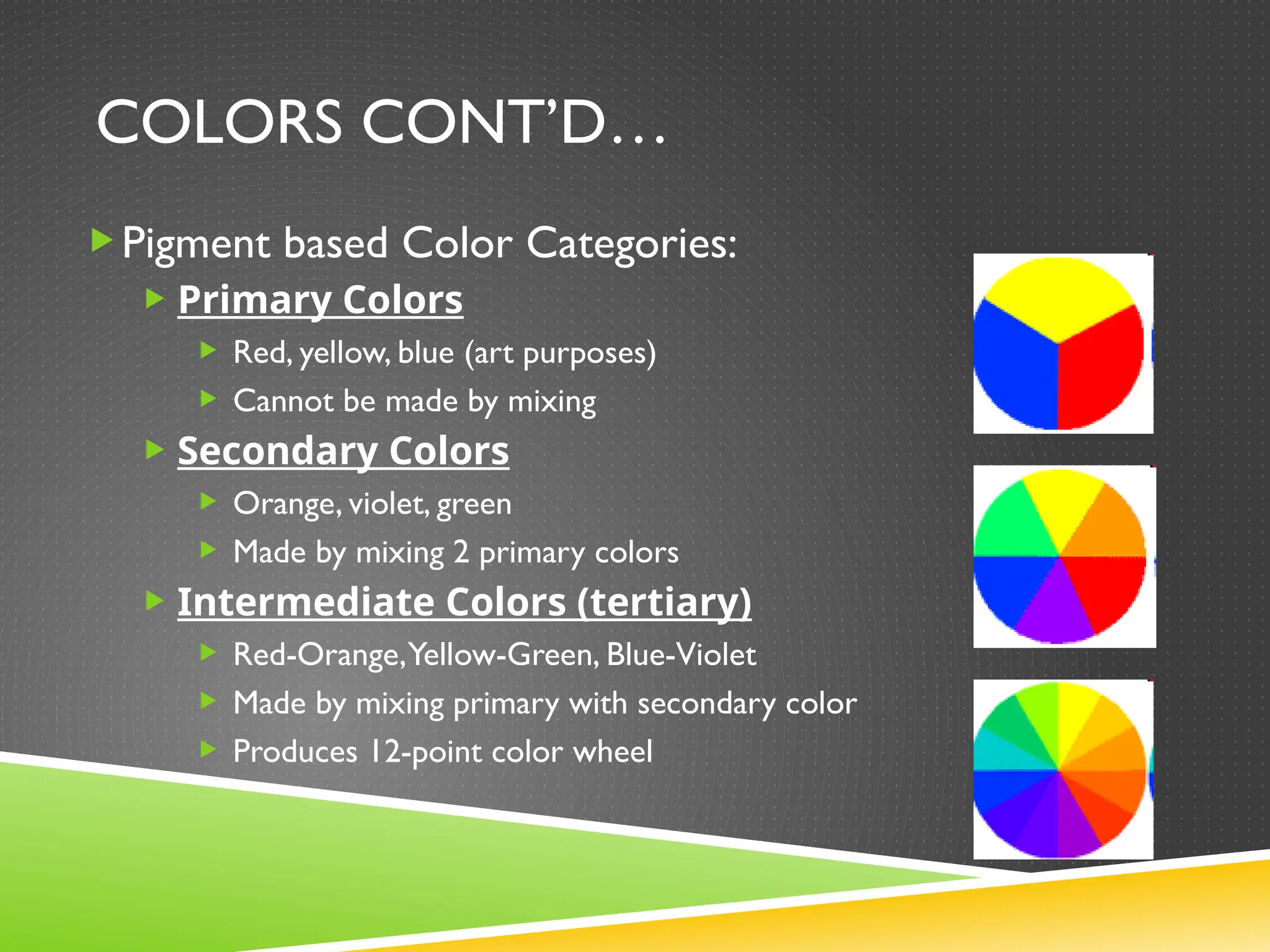 COLORS CONT’D…
Pigment based Color Categories:
 Primary Colors
 Red, yellow, blue (art purposes)
 Cannot be made by mixing
 Secondary Colors
 Orange, violet, green
 Made by mixing 2 primary colors
 Intermediate Colors (tertiary)
 Red-Orange,Yellow-Green, Blue-Violet
 Made by mixing primary with secondary color
 Produces 12-point color wheel
 