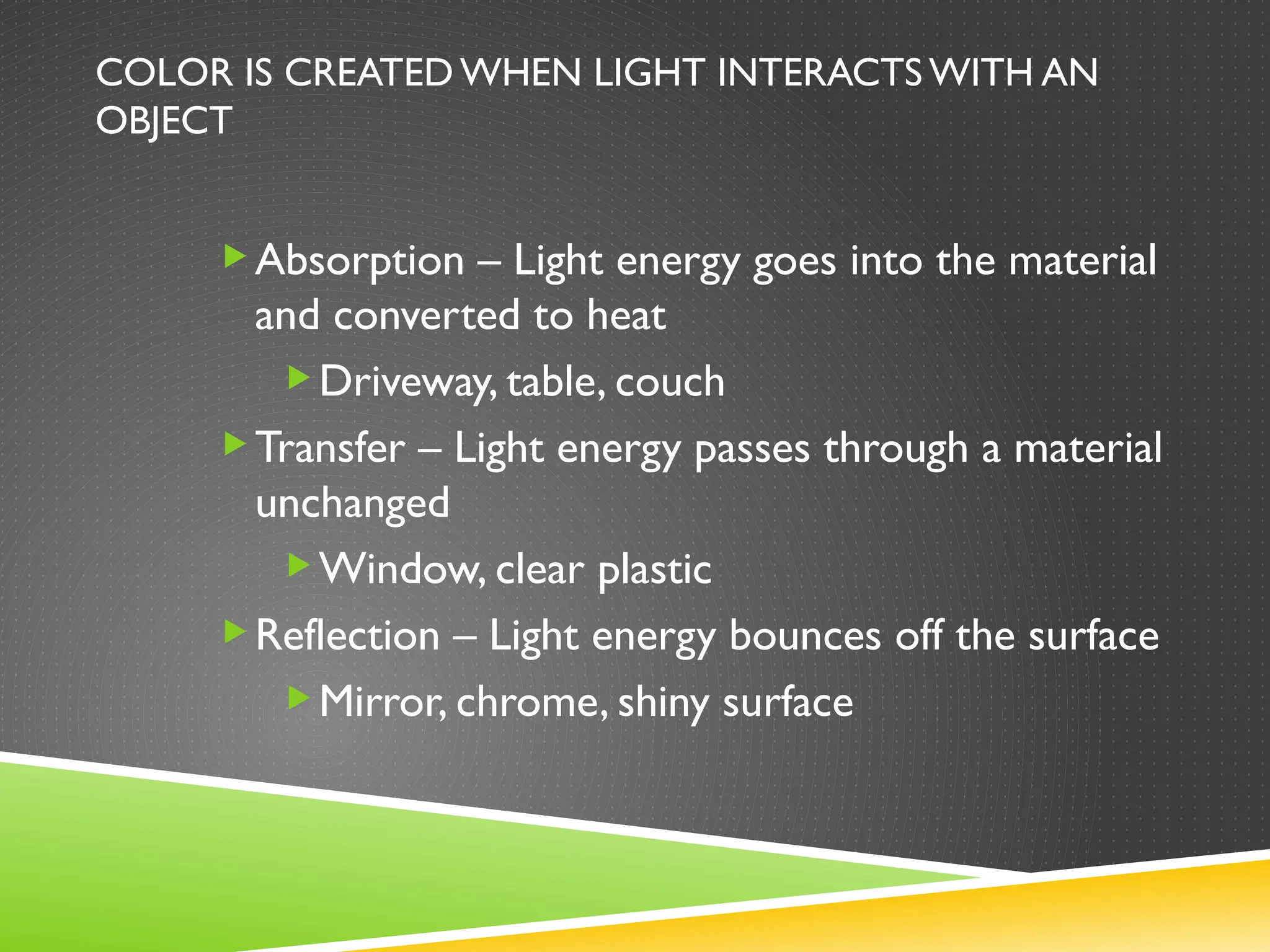 COLOR IS CREATED WHEN LIGHT INTERACTS WITH AN
OBJECT
Absorption – Light energy goes into the material
and converted to heat
Driveway, table, couch
Transfer – Light energy passes through a material
unchanged
Window, clear plastic
Reflection – Light energy bounces off the surface
Mirror, chrome, shiny surface
 