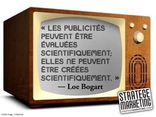 « Les publicités
                           peuvent être
                           évaluées
                           scientifiquement;
                           elles ne peuvent
                           être créées
                           scientifiquement. »
                              ―


Crédit image : H Berends
 