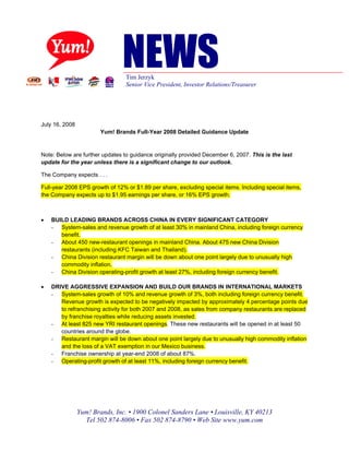 YUM 08 Guidance