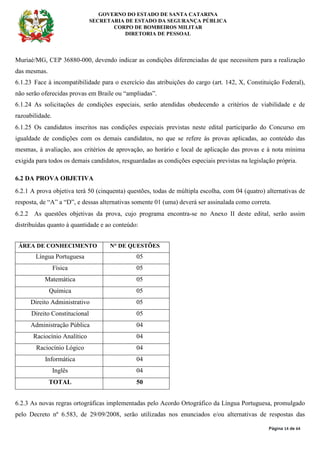 GOVERNO DO ESTADO DE SANTA CATARINA
SECRETARIA DE ESTADO DA SEGURANÇA PÚBLICA
CORPO DE BOMBEIROS MILITAR
DIRETORIA DE PESSOAL
Página 14 de 64
Muriaé/MG, CEP 36880-000, devendo indicar as condições diferenciadas de que necessitem para a realização
das mesmas.
6.1.23 Face à incompatibilidade para o exercício das atribuições do cargo (art. 142, X, Constituição Federal),
não serão oferecidas provas em Braile ou “ampliadas”.
6.1.24 As solicitações de condições especiais, serão atendidas obedecendo a critérios de viabilidade e de
razoabilidade.
6.1.25 Os candidatos inscritos nas condições especiais previstas neste edital participarão do Concurso em
igualdade de condições com os demais candidatos, no que se refere às provas aplicadas, ao conteúdo das
mesmas, à avaliação, aos critérios de aprovação, ao horário e local de aplicação das provas e à nota mínima
exigida para todos os demais candidatos, resguardadas as condições especiais previstas na legislação própria.
6.2 DA PROVA OBJETIVA
6.2.1 A prova objetiva terá 50 (cinquenta) questões, todas de múltipla escolha, com 04 (quatro) alternativas de
resposta, de “A” a “D”, e dessas alternativas somente 01 (uma) deverá ser assinalada como correta.
6.2.2 As questões objetivas da prova, cujo programa encontra-se no Anexo II deste edital, serão assim
distribuídas quanto à quantidade e ao conteúdo:
ÁREA DE CONHECIMENTO N° DE QUESTÕES
Língua Portuguesa 05
Física 05
Matemática 05
Química 05
Direito Administrativo 05
Direito Constitucional 05
Administração Pública 04
Raciocínio Analítico 04
Raciocínio Lógico 04
Informática 04
Inglês 04
TOTAL 50
6.2.3 As novas regras ortográficas implementadas pelo Acordo Ortográfico da Língua Portuguesa, promulgado
pelo Decreto nº 6.583, de 29/09/2008, serão utilizadas nos enunciados e/ou alternativas de respostas das
 