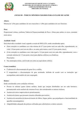 GOVERNO DO ESTADO DE SANTA CATARINA
SECRETARIA DE ESTADO DA SEGURANÇA PÚBLICA
CORPO DE BOMBEIROS MILITAR
DIRETORIA DE PESSOAL
Página 40 de 64
ANEXO III – ÍNDICES MÍNIMOS EXIGIDOS PARA O EXAME DE SAÚDE
Altura:
Mínima de 1,65m para candidatos do sexo masculino e 1,60m para candidatos do sexo feminino.
Peso:
Proporcional à altura, conforme Tabela de Proporcionalidade de Peso e Altura para ambos os sexos, constante
neste anexo.
Acuidade visual:
Será observada a acuidade visual, segundo a escala de SNELLEN, sendo considerados aptos:
• (Sem correção) os candidatos cm visão mínima de 0.7 (zero ponto sete) em cada olho, separadamente, ou
visão 1.0 (um ponto zero) em um olho e, no outro, pelo menos, com 0.5 (zero ponto cinco);
• (Com correção) os candidatos com visão igual a 1.0 (um ponto zero) em cada olho, separadamente, com a
correção máxima de 1.5 (um ponto cinco) para diptrias esféricas ou cilíndricas;
Prescrições:
• Nas ametropias mistas, será levado em conta seu equivalente esférico.
Censo cromático:
• É admissível a discromatopsia de graus leve e médio;
• É incapacitante a discromatopsia de grau acentuado, definida de acordo com as instruções que
acompanham cada modelo de teste empregado.
Dentes:
Serão consideradas como condições mínimas:
• Possuir no mínimo quatro dentes molares, desde que estejam distribuídos um em cada hemiarco,
permanecendo assim ausência de extremos livres, não considerando os maiores inclusos;
• Ausência de raízes inaproveitáveis proteticamente;
• Ausência de dentes que possuam cimentos obturados provisórios;
• Ausência de anomalias de desenvolvimento de lábios, língua, palato, que prejudiquem a funcionalidade do
aparelho estomatognático;
• Adaptabilidade adequada das próteses utilizadas para substituírem os dentes naturais;
 