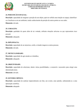 GOVERNO DO ESTADO DE SANTA CATARINA
SECRETARIA DE ESTADO DA SEGURANÇA PÚBLICA
CORPO DE BOMBEIROS MILITAR
DIRETORIA DE PESSOAL
Página 62 de 64
24. PERCEPÇÃO ESPACIAL:
Descrição: capacidade de imaginar a posição de um objeto, após ter sofrido uma rotação no espaço; identificar-
se e localizar-se em um ambiente, tendo conhecimento da posição de outros pontos ao seu redor;
Dimensão: elevado.
25. CORAGEM:
Descrição: qualidade de quem além de ter vontade, enfrenta situações adversas ou que representem risco
pessoal;
Dimensão: adequado.
26. DIPLOMACIA:
Descrição: capacidade de ser atencioso, cortês, evitando magoar as outras pessoas;
Dimensão: elevado.
27. METICULOSIDADE:
Descrição: capacidade de agir atendo-se à detalhes;
Dimensão: adequado.
28. OBJETIVIDADE:
Descrição: capacidade de selecionar, dentre várias possibilidades, o essencial e necessário para atingir uma
determinada meta;
Dimensão: elevado.
29. SENTIDO CRÍTICO:
Descrição: capacidade de analisar imparcialmente um fato, um evento, uma opinião, submetendo-os a uma
apreciação científica;
Dimensão: adequado
 