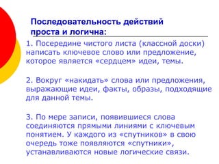 Последовательность действий
проста и логична:
1. Посередине чистого листа (классной доски)
написать ключевое слово или предложение,
которое является «сердцем» идеи, темы.
2. Вокруг «накидать» слова или предложения,
выражающие идеи, факты, образы, подходящие
для данной темы.
3. По мере записи, появившиеся слова
соединяются прямыми линиями с ключевым
понятием. У каждого из «спутников» в свою
очередь тоже появляются «спутники»,
устанавливаются новые логические связи.
 