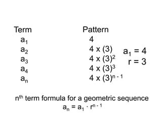 Term                Pattern
  a1                 4
  a2                 4 x (3) a = 4
                             2
                                  1
  a3                 4 x (3)      r=3
  a4                 4 x (3)3
  an                 4 x (3)n - 1

nth term formula for a geometric sequence
               an = a1 · rn - 1
 