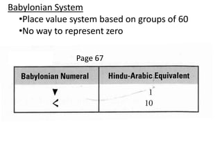Babylonian System
  •Place value system based on groups of 60
  •No way to represent zero

                Page 67
 