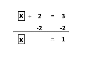 x   + 2   =   3
     -2       -2
x         =   1
 