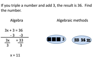 If you triple a number and add 3, the result is 36. Find
the number.

     Algebra                      Algebraic methods

  3x + 3 = 36
     - 3 -3
  3x     = 33                        3      11 36 11
                                            33 11 3
   3        3

     x = 11
 