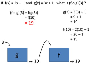 If f(x) = 2x – 1 and g(x) = 3x + 1, what is (f o g)(3) ?

     (f o g)(3) = f(g(3))                g(3) = 3(3) + 1
                = f(10)                       =9+1
               = 19                           = 10
                                         f(10) = 2(10) – 1
                                              = 20 – 1
                                              = 19
3

         g                           f
                      10                         19
 