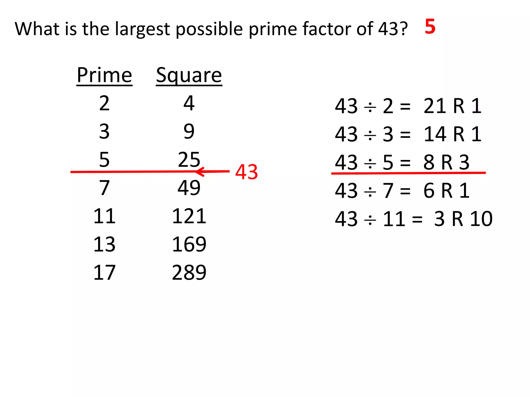 What is the largest possible prime factor of 43? 5

       Prime Square
         2     4                     43    2 = 21 R 1
         3     9                     43    3 = 14 R 1
         5     25                    43    5= 8R3
                    43
         7     49                    43    7= 6R1
        11    121                    43    11 = 3 R 10
        13    169
        17    289
 