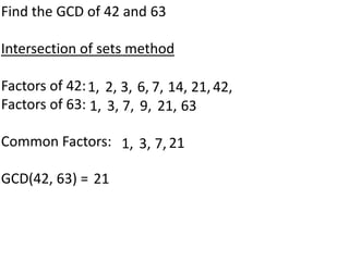 Find the GCD of 42 and 63

Intersection of sets method

Factors of 42: 1, 2, 3, 6, 7, 14, 21, 42,
Factors of 63: 1, 3, 7, 9, 21, 63

Common Factors: 1, 3, 7, 21

GCD(42, 63) = 21
 